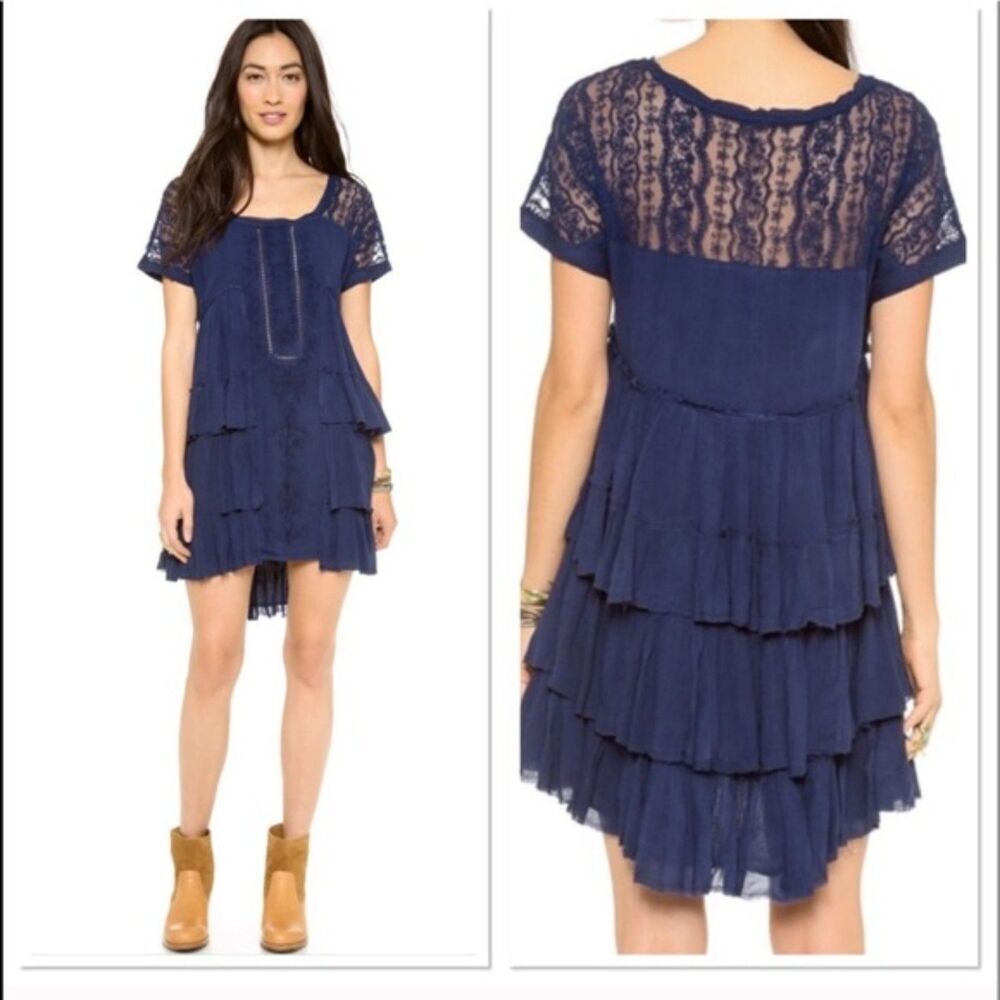 FREE PEOPLE Navy Blue Oversized Boho Tiered Embroidered Lace Mini Dress Small